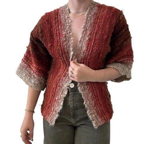 Vintage 1970s Hand Knit Sunset Desert Colored Chunky Wool Boho Cardigan Sz M - Picture 3 of 8